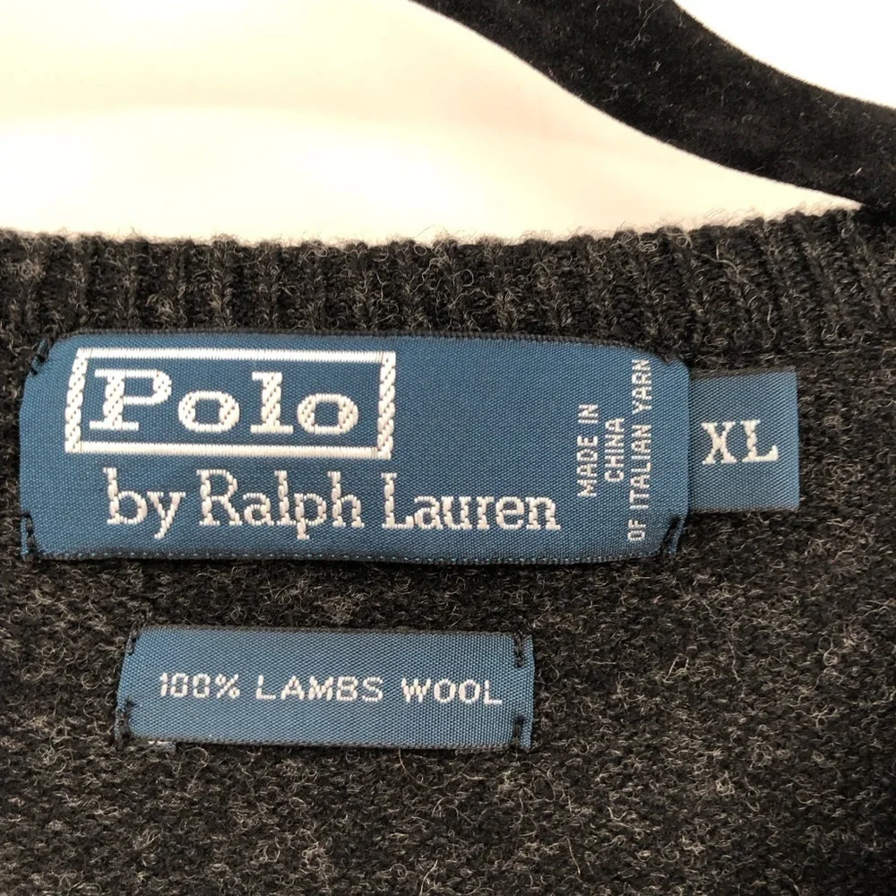 POLO RALPH LAUREN V Neck Sweater Lambswool Vintage XL Grey Black Men LongSleeve